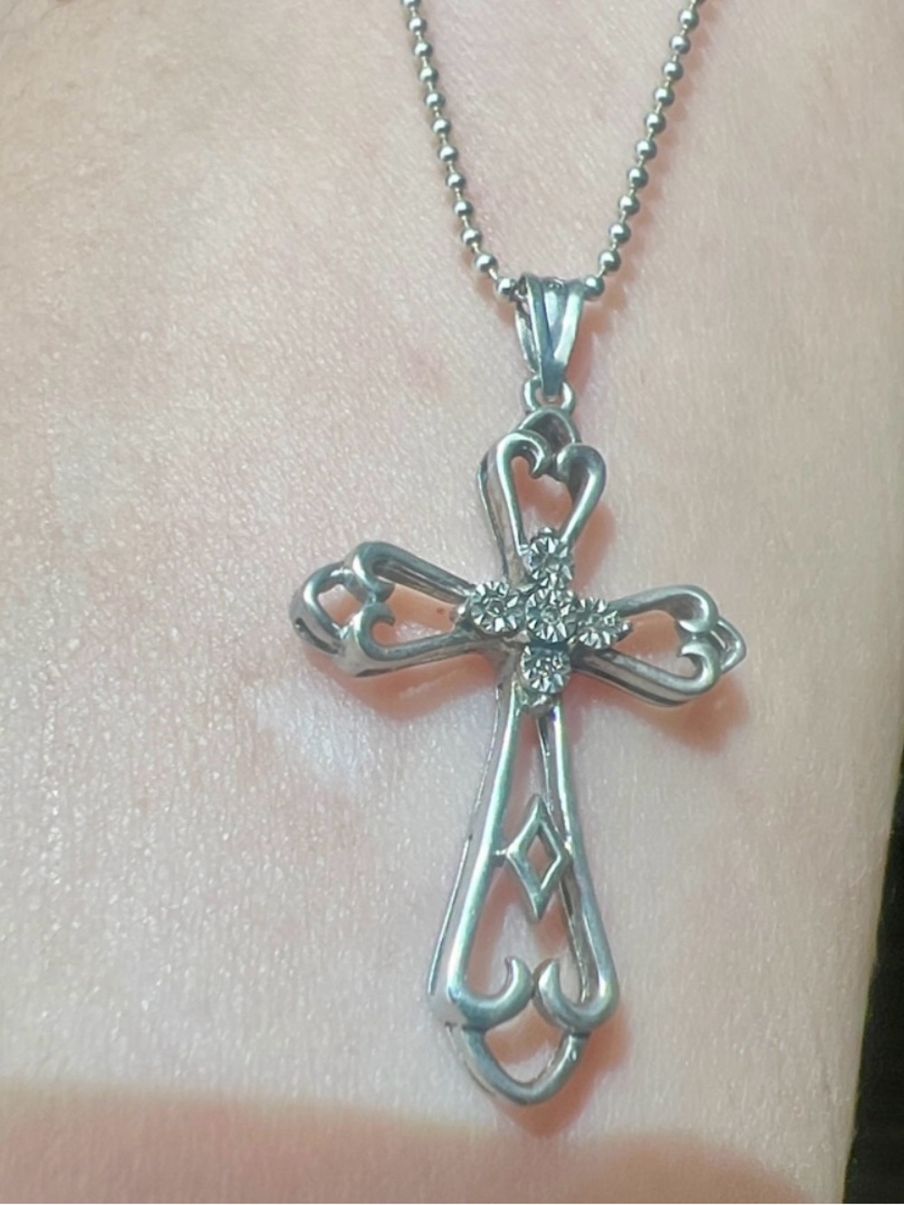 Vintage Sterling Silver Heart Accent Cross Necklace - Silver